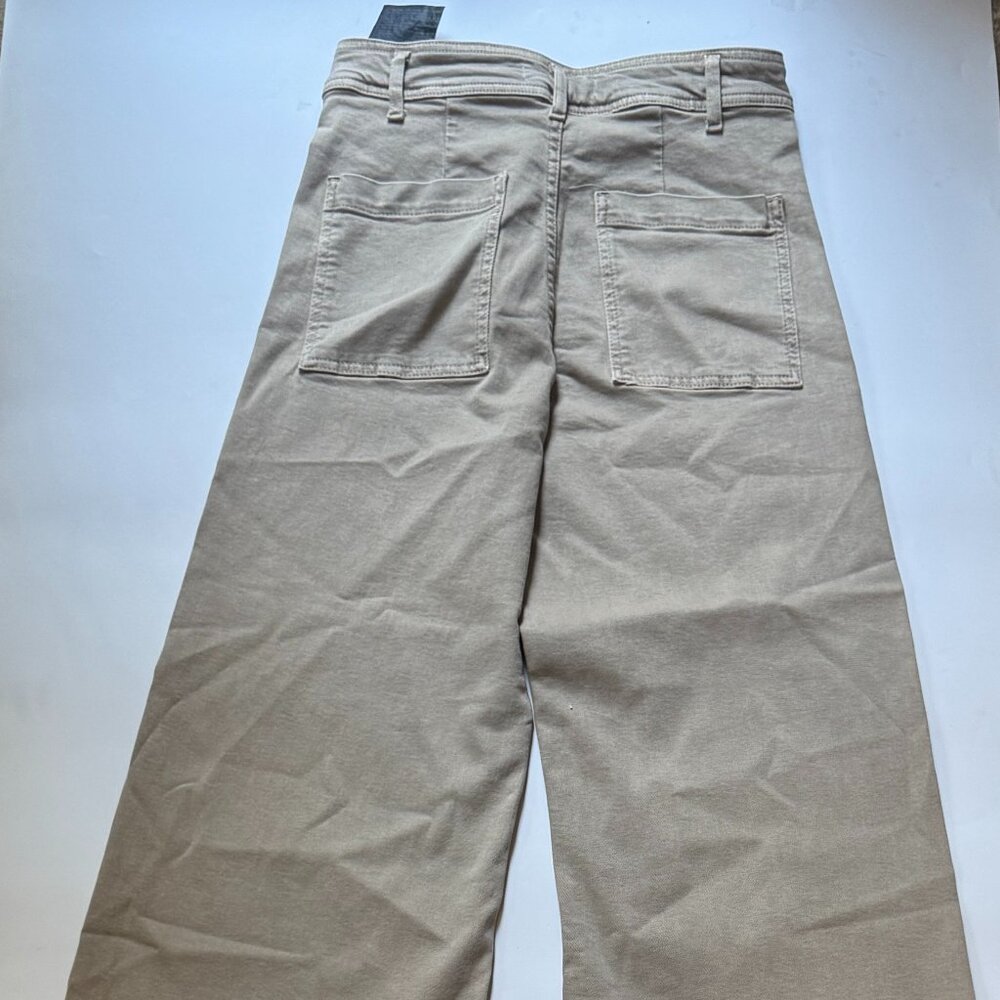 Zara Jeans Womens Khaki Beige Frayed Raw Hem Wide Leg Pants Boho High Rise Sz 8